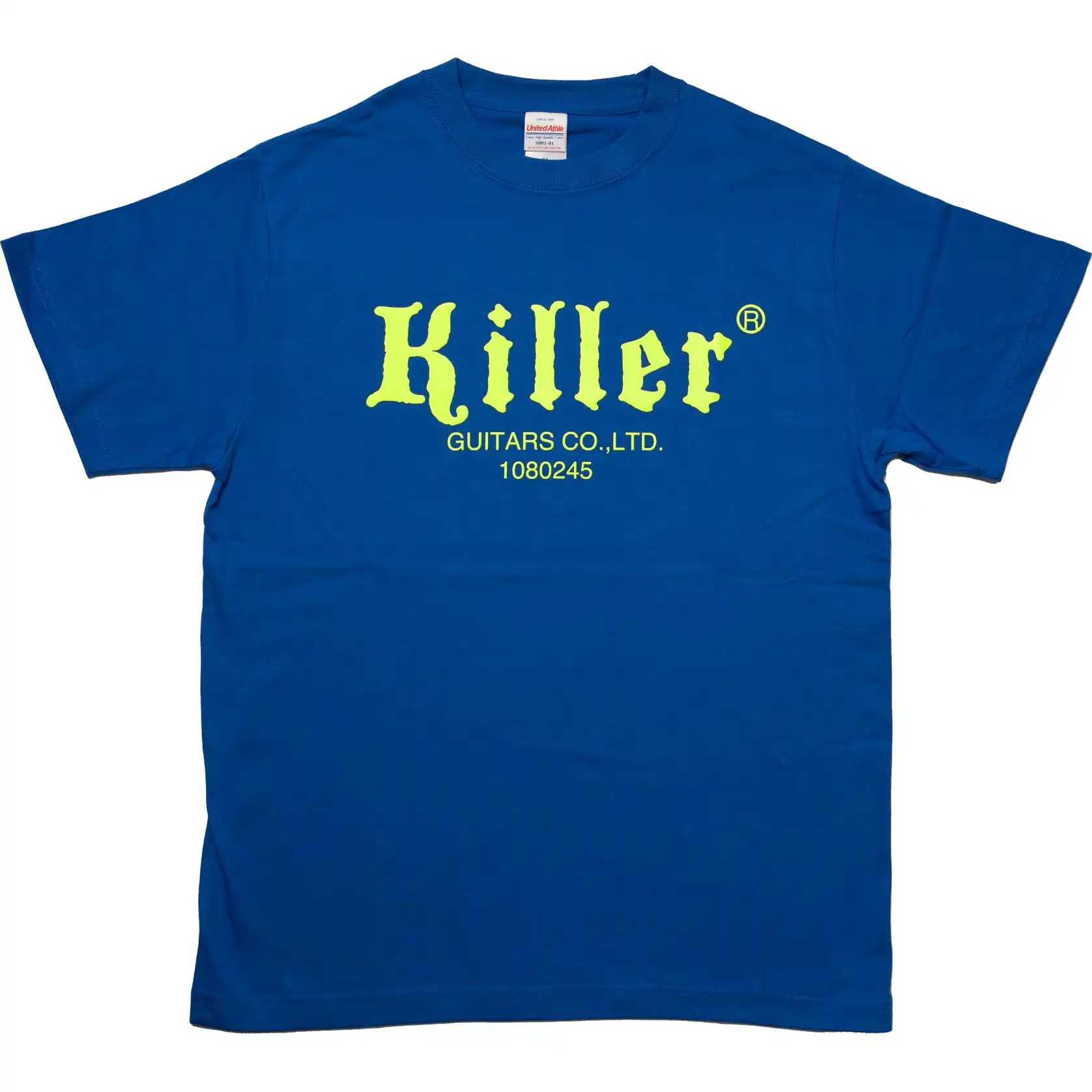 killer guitars t-shirt royal blue fluorescent yellow logo